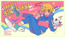 Rule 34 | 1boy, birthday cake, blonde hair, blue eyes, blush, cake, character name, crossed legs, english text, food, food on face, fork, hanazawa teruki, happy birthday, highres, holding, hood, hood down, hooded jacket, jacket, long sleeves, looking at viewer, male focus, mob psycho 100, open mouth, pants, plate, shoes, simple background, sneakers, solo, spiked hair, twitter username, zikko 100