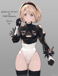 Rule 34 | 1girl, bad id, bad pixiv id, black gloves, black thighhighs, blonde hair, blush, breasts, brown eyes, character name, cleavage, cleavage cutout, clothing cutout, copyright name, cosplay, covered navel, cowboy shot, djeeta (granblue fantasy), gloves, granblue fantasy, grey background, groin, hair between eyes, hand up, highleg, highleg leotard, holding, juliet sleeves, leotard, long sleeves, looking at viewer, medium breasts, milli little, nier:automata, nier (series), parted lips, puffy sleeves, simple background, solo, thighhighs, thighs, white gloves, white leotard, 2b (nier:automata), 2b (nier:automata) (cosplay)
