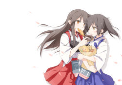 Rule 34 | 10s, 2girls, akagi (kancolle), bad id, bad pixiv id, blue skirt, brown eyes, cherry blossoms, doughnut, eating, food, food in mouth, food on face, hakama, hakama skirt, highres, japanese clothes, kaga (kancolle), kantai collection, long hair, multiple girls, muneate, petals, pleated skirt, plhsxf, ponytail, red hakama, red skirt, short hair, short sleeves, side ponytail, simple background, skirt, taiyaki, wagashi, white background