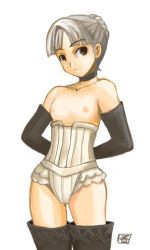 Rule 34 | 1girl, arms behind back, bare shoulders, black eyes, black thighhighs, blunt bangs, bustier, choker, detached sleeves, flat chest, frills, frown, gwendolyn (odin sphere), hair bun, lingerie, looking at viewer, nipples, odin sphere, parted bangs, short hair, signature, silver hair, simple background, single hair bun, solo, standing, thigh gap, thighhighs, underwear, zettai ryouiki