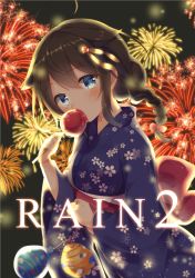 Rule 34 | 10s, 1girl, aerial fireworks, ahoge, alternate costume, backlighting, black hair, blue eyes, blush, bow, braid, candy apple, cowboy shot, eating, emilion, eyebrows, festival, fireworks, floral print, food, hair bow, hair flaps, hair ornament, head tilt, highres, holding, holding food, japanese clothes, jewelry, kantai collection, kimono, long hair, long sleeves, looking at viewer, night, obi, print kimono, ring, sash, shigure (kancolle), shigure kai ni (kancolle), single braid, solo, summer festival, text focus, water yoyo, wedding band, wide sleeves, yukata