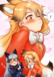 Rule 34 | !, 2girls, absurdres, animal ear fluff, animal ears, blonde hair, blue jacket, blush, breasts, cherry blossoms, closed mouth, commentary, commentary request, closed eyes, fox ears, fox girl, fox tail, fur-trimmed sleeves, fur trim, hair between eyes, hakumaiya, highres, jacket, kemono friends, long hair, medium breasts, multiple girls, one eye closed, orange jacket, petals, silver fox (kemono friends), silver hair, sneezing, speech bubble, tail