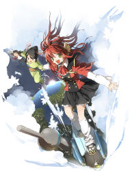 Rule 34 | 1boy, 2girls, :d, above clouds, black hair, cloud, earth (planet), from above, green eyes, headset, holding hands, japanese clothes, kimono, long hair, loose socks, multiple girls, open mouth, planet, red hair, shilin, skirt, smile, socks, tower, white legwear