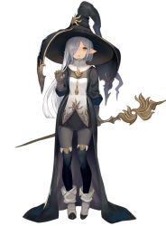 Rule 34 | 1girl, black cape, black pantyhose, cape, commentary request, grey hair, hand up, hat, holding, holding staff, km yama, long hair, looking at viewer, multicolored shirt, original, pantyhose, pointed boots, pointy ears, simple background, solo, staff, thighhighs, very long hair, white background