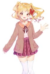 Rule 34 | 1girl, :d, aikatsu! (series), aikatsu stars!, blonde hair, bow, brown eyes, brown jacket, collarbone, hair bow, hand up, jacket, k mugura, long sleeves, neck ribbon, nijino yume, open clothes, open jacket, open mouth, plaid, plaid skirt, pleated skirt, red bow, red ribbon, red skirt, ribbon, shirt, simple background, skirt, sleeves past wrists, smile, solo, thigh gap, thighhighs, twintails, white background, white shirt, white thighhighs