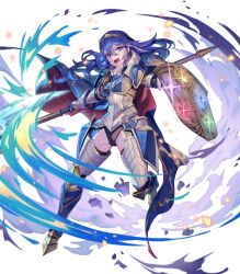 Rule 34 | 1girl, armor, attack, axe, battle axe, black leotard, blue cape, blue eyes, blue hair, cape, energy, family crest, female focus, fire emblem, fire emblem (object), fire emblem awakening, fire emblem heroes, full body, great knight (fire emblem awakening), highres, holding, holding axe, holding shield, holding weapon, leotard, long hair, lucina (fate&#039;s resolve) (fire emblem), lucina (fire emblem), matching hair/eyes, nintendo, no pants, non-web source, official alternate costume, official art, open mouth, red cape, shield, solo, teeth, tiara, v-shaped eyebrows, weapon