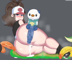 Rule 34 | 1girl, absurdres, aftersex, bare shoulders, baseball cap, bestiality, black background, black legwear, blue eyes, blush, bottomless, breasts, brown hair, closed mouth, creatures (company), cum, cum in pussy, cumdrip, drunkavocado, erection, feet, game freak, gen 5 pokemon, hat, heavy breathing, highres, hilda (pokemon), huge penis, legs, looking at viewer, looking back, nintendo, nose blush, oshawott, penis, pokemon, pokemon (creature), pokemon bw, pokephilia, ponytail, pussy, sidelocks, simple background, smile, snivy, socks, soles, speech bubble, tepig, text focus, thick thighs, thighs, uncensored, veins, veiny penis, vest