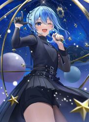 Rule 34 | 1girl, ;d, absurdres, belt, black belt, black gloves, black nails, blue eyes, blue hair, floating hair, gloves, half gloves, highres, holding, holding microphone, hololive, hoshimachi suisei, hoshimachi suisei (shout in crisis), index finger raised, looking at viewer, microphone, nakaneabura8623, official alternate costume, one eye closed, open mouth, revision, short shorts, shorts, single glove, single half glove, sky, smile, solo, star (sky), star (symbol), star in eye, starry sky, symbol in eye, thighs, virtual youtuber