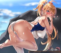 Rule 34 | 1girl, :p, absurdres, ahoge, andou you, ass, bare legs, bench, blonde hair, blue eyes, blue sky, blush, braid, breasts, cleft of venus, cloud, commentary request, competition swimsuit, covered erect nipples, crown, hair ornament, hair ribbon, hanging breasts, heart, highres, large breasts, leaning forward, long hair, mushroom, ocean, one-piece swimsuit, one eye closed, outdoors, pecorine (princess connect!), ponytail, princess connect!, ribbon, rock, shiny skin, sky, smile, solo, standing, standing on one leg, swimsuit, thighs, tongue, tongue out, wet, white one-piece swimsuit