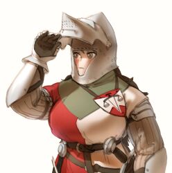 Rule 34 | 1girl, absurdres, borrowed character, breasts, brown eyes, closed mouth, gambeson, gauntlets, helm, helmet, highres, large breasts, original, simple background, solo, visor (armor), visor lift, wass nonnam, white background