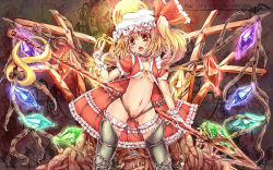 Rule 34 | 1girl, alternate costume, alternate weapon, asymmetrical hair, blonde hair, breasts, bridal garter, chestnut mouth, choker, colored eyelashes, cross, crystal, demon tail, embodiment of scarlet devil, english text, engrish text, fang, female focus, flandre scarlet, frills, gloves, glowing, glowing wings, hair ribbon, hat, highres, hip focus, holding, index finger raised, inverted cross, jacket, kantarou (nurumayutei), laevatein, leg armor, navel, no bra, open mouth, panties, polearm, puffy sleeves, ranguage, red eyes, ribbon, short hair, side ponytail, skull, solo, spear, striped clothes, striped panties, tail, touhou, underwear, weapon, white gloves, wings