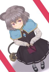 Rule 34 | 1girl, animal ears, basket, black dress, black footwear, blue capelet, capelet, commentary request, dress, full body, grey hair, highres, jewelry, kakone, looking at viewer, mouse, mouse ears, mouse girl, mouse tail, nazrin, pendant, red eyes, short hair, socks, standing, tail, touhou, white socks