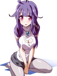 Rule 34 | 10s, 1girl, black pantyhose, blush, breasts, cleavage, cleavage cutout, clothing cutout, kantai collection, long hair, looking at viewer, low twintails, magatama, miniskirt, miuku (marine sapphire), open mouth, pantyhose, purple hair, red eyes, simple background, sitting, skirt, smile, solo, taigei (kancolle), twintails