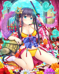 Rule 34 | 1girl, absurdres, arm support, arm up, bare shoulders, bikini, black hair, blue eyes, blush, breasts, cleavage, collarbone, company name, coral, curtains, eyebrows, fish, floral print, flower, full body, gem, hair ornament, highres, holding, holding weapon, japanese clothes, kimono, long hair, looking at viewer, namaru (summer dandy), official art, rope, sandals, sash, sitting, small breasts, socks, solo, string bikini, swimsuit, sword, tail, tassel, turtle, twintails, unmei no clan battle, very long hair, wariza, water, weapon, yellow bikini