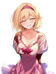 Rule 34 | 1girl, ^ ^, aki663, arms behind back, blonde hair, breasts, cleavage, closed eyes, collarbone, commentary request, djeeta (granblue fantasy), dress, closed eyes, facing viewer, granblue fantasy, hair between eyes, hairband, medium breasts, open mouth, pink dress, red hairband, short hair, simple background, smile, solo, teeth, upper body, white background