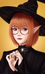 Rule 34 | 1girl, black dress, black hat, blue eyes, dress, elf, glasses, hat, highres, looking at viewer, magical girl, md5 mismatch, oreosan, original, pointy ears, portrait, red hair, red lips, red nails, self-upload, simple background, solo, top hat, witch, witch hat