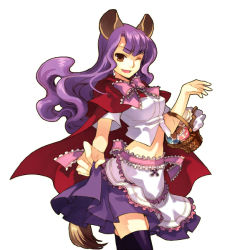 Rule 34 | 10s, animal ears, apron, basket, black thighhighs, bow, brown eyes, cape, card girl (trickster), midriff, one eye closed, purple hair, ribbon, skirt, solo, tail, thighhighs, trickster (ntreev soft), wink, zettai ryouiki