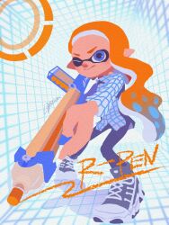 Rule 34 | 1girl, black pants, blue eyes, blue hair, blue shirt, closed mouth, commentary request, cross-laced footwear, full body, gradient hair, grid background, grid print, gun, highres, holding, holding gun, holding weapon, inkling, inkling girl, inkling player character, long hair, multicolored hair, nintendo, one eye closed, orange hair, oystianmori, pants, pointy ears, shirt, shoes, signature, smile, snipewriter (splatoon), solo, splatoon (series), splatoon 3, standing, tentacle hair, two-tone hair, two-tone shirt, weapon, weapon name, white shirt