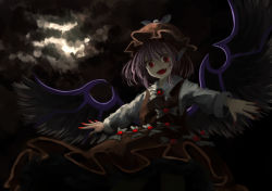 Rule 34 | 1girl, :d, akaiha (akaihagusk), animal ears, bad id, bad pixiv id, bird wings, brown dress, darkness, dress, fangs, fingernails, hat, hat ornament, long fingernails, long sleeves, looking at viewer, mystia lorelei, nail polish, night, night sky, open mouth, outstretched arms, pink hair, red eyes, red nails, sharp fingernails, short hair, sky, smile, solo, spread arms, touhou, winged hat, wings