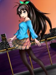 Rule 34 | 1girl, bare shoulders, black hair, blue eyes, breasts, bug, building, butterfly, city, female focus, ferris wheel, ganaha hibiki, hair ribbon, idolmaster, idolmaster (classic), insect, jewelry, koutamaru, long hair, necklace, outdoors, pantyhose, plaid, plaid skirt, pleated skirt, ponytail, ribbon, skirt, sky, solo, sunset, water