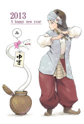 Rule 34 | 10s, 1girl, 2013, basket, bow, brown hair, carina (xiaowoo), flute, full body, happy new year, highres, instrument, long hair, new year, original, pink bow, pointy footwear, shoes, simple background, snake, speech bubble, standing, tagme, translation request, white background, white snake