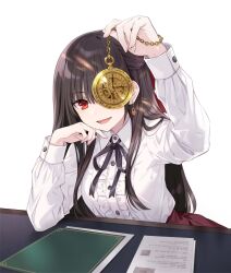 Rule 34 | 1girl, absurdres, arm support, black hair, clock, collared shirt, cover, cover page, date a live, earrings, elbow rest, frilled shirt, frills, hand up, highres, holding clock, jewelry, long hair, long sleeves, looking at viewer, novel cover, official art, one eye covered, open mouth, paper, pocket watch, red eyes, red skirt, second-party source, shirt, simple background, skirt, solo, table, tokisaki kurumi, tsunako, watch, white background, white shirt