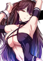 Rule 34 | 1girl, akeyama kitsune, armpits, arms up, azur lane, breasts, brown hair, cleavage, earrings, jewelry, large breasts, long hair, looking at viewer, navel, official alternate costume, parted lips, revealing clothes, side ponytail, simple background, solo, white background, wrist cuffs, yellow eyes, zuikaku (azur lane), zuikaku (the wind&#039;s true name) (azur lane)