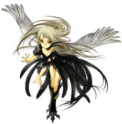 Rule 34 | 1girl, bird legs, brown eyes, brown hair, colored skin, feathers, harpy, long hair, michi ta (masquerade), monster girl, simple background, solo, wings, yellow skin