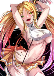 Rule 34 | 1girl, :d, akeyama kitsune, armpits, arms up, azur lane, bare shoulders, black ribbon, blonde hair, breasts, butt crack, cheerleader, commentary request, cowboy shot, crop top, green eyes, hair between eyes, hair ribbon, holding, holding pom poms, hornet (azur lane), hornet (cheering justice!) (azur lane), jumping, large breasts, long hair, looking at viewer, miniskirt, navel, official alternate costume, open mouth, orange skirt, parted bangs, pleated skirt, pom pom (cheerleading), pom poms, ribbon, shirt, shoes, sidelocks, skirt, sleeveless, sleeveless shirt, smile, sneakers, solo, stomach, suspender skirt, suspenders, sweat, teeth, twintails, underboob, upper teeth only, very long hair, white footwear, white shirt, wristlet, yellow skirt