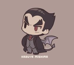 Rule 34 | 1boy, arms at sides, black coat, black eyes, black hair, character name, chibi, coat, collared shirt, demon tail, demon wings, full body, grey background, grey jacket, grey pants, hand in pocket, heterochromia, jacket, kotorai, looking to the side, male focus, mishima kazuya, muted color, necktie, no nose, pants, red eyes, red necktie, shirt, short hair, signature, sleeves past wrists, solo, standing, tail, tekken, thick eyebrows, v-shaped eyebrows, wings