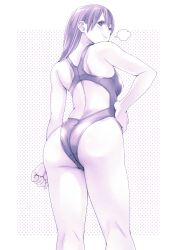 Rule 34 | 1girl, puff of air, absurdres, clenched hand, commentary request, competition swimsuit, from behind, from below, highleg, highleg swimsuit, highres, long hair, looking at viewer, looking back, macosee, monochrome, one-piece swimsuit, original, purple theme, smug, solo, standing, swimsuit, translation request