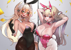 Rule 34 | 2girls, :d, absurdres, animal ears, armpits, bare shoulders, black gloves, black leotard, blonde hair, blush, bow, bowtie, breasts, brown pantyhose, cleavage, covered navel, dark-skinned fcoin, detached collar, earrings, fake animal ears, fake tail, fang, gloves, goddess of victory: nikke, green eyes, hair ornament, heart, heart-shaped pupils, highleg, highleg leotard, highres, holding, horns, jewelry, kilowinwin, large breasts, leotard, long hair, looking at viewer, mole, mole under eye, multiple girls, official alternate costume, open mouth, pantyhose, pink bow, pink bowtie, pink horns, pink leotard, playboy bunny, pole, ponytail, rabbit ears, rabbit tail, red eyes, rupee (nikke), rupee (rabbit deluxe) (nikke), smile, sparkling eyes, strapless, strapless leotard, symbol-shaped pupils, tail, tongue, tongue out, viper (nikke), viper (toxic rabbit) (nikke), white pantyhose, wrist cuffs, yellow bow, yellow bowtie