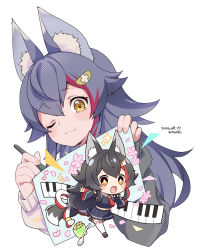 Rule 34 | 1girl, animal ear fluff, animal ears, artist name, black hair, black hoodie, black skirt, blush, chibi, closed mouth, commentary, dated, hair between eyes, hair ornament, hololive, hood, hoodie, kanya pyi, kouhaku nawa, long hair, looking at viewer, miniskirt, multicolored hair, multiple views, one eye closed, ookami mio, ookami mio (1st costume), ookami mio (casual), open mouth, piano keys, pleated skirt, red hair, rope, shimenawa, simple background, skirt, smile, spoon, streaked hair, tail, two-tone hair, two-tone sweater, upper body, virtual youtuber, waving, white background, white hoodie, wide sleeves, wolf ears, wolf tail, yellow eyes