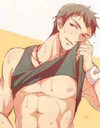Rule 34 | 10s, 1boy, abs, bad id, bad pixiv id, brown hair, clothes lift, idolmaster, idolmaster side-m, jewelry, male focus, muscular, naughty face, necklace, nipples, parted lips, pectorals, shingen seiji, shirt lift, smile, solo, sweat, tammyhakoishi, upper body, wristband