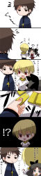 Rule 34 | 1girl, 2boys, :t, b-cat, chibi, child, comic, cross, eating, fate/stay night, fate/zero, fate (series), gilgamesh (fate), highres, jewelry, jitome, kotomine kirei, long image, multiple boys, necklace, tall image, tohsaka rin, aged down