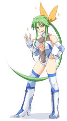Rule 34 | 1girl, boots, breasts, cleavage cutout, clothing cutout, elbow gloves, fingerless gloves, gloves, green hair, hair ribbon, large breasts, leotard, long hair, open mouth, ponytail, ribbon, sakurai chisato, smile, solo, testes, thigh boots, thighhighs, very long hair, wrestle angels, wrestle angels survivor, wrestle angels survivor 2, wrestling outfit, yellow eyes