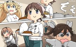 Rule 34 | 2others, 4girls, alternate costume, bad food, blonde hair, blue eyes, braid, breasts, brown hair, chou-10cm-hou-chan (teruzuki&#039;s), clothes writing, commentary request, curry, dated, flipped hair, food, gambier bay (kancolle), green pants, grey eyes, hair between eyes, hair ornament, hair ribbon, hairband, hamu koutarou, headgear, hiei (kancolle), highres, hug, kantai collection, light brown hair, long hair, medium breasts, multicolored hairband, multiple girls, multiple others, one-hour drawing challenge, pants, pot, propeller hair ornament, purple eyes, ribbon, running, scared, short hair, small breasts, split theme, steam, sweater, tears, teruzuki (kancolle), tone (kancolle), track pants, trembling, twin braids, twintails, wavy mouth, white ribbon, white sweater