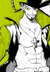 Rule 34 | 1boy, abs, absurdres, closed mouth, coat, collarbone, cross, cross necklace, dracule mihawk, facial hair, frown, green eyes, greyscale, hat, hatching (texture), highres, jacket, jewelry, male focus, monochrome, muscular, muscular male, mustache, necklace, one piece, open fly, solo, spot color, sword, weapon, weapon on back, yotsumi shiro