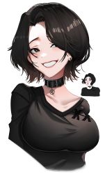 Rule 34 | 1girl, absurdres, belt collar, black eyes, black hair, black shirt, blush, breasts, collar, collarbone, commentary request, cropped arms, cropped torso, doomer girl, earrings, eyebrows hidden by hair, grin, hair over one eye, harris hero, highres, jewelry, large breasts, looking at viewer, meme, multiple views, original, parted bangs, pentagram, shirt, short hair, simple background, smile, t-shirt, upper body, white background