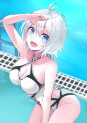 Rule 34 | .live, 1girl, antenna hair, arm up, blue eyes, blush, breasts, cleavage, collarbone, large breasts, leaning forward, looking at viewer, open mouth, short hair, dennou shoujo siro, smile, solo, swimsuit, tenneko yuuri, virtual youtuber, white hair