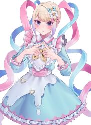 Rule 34 | 1girl, blonde hair, blue bow, blue dress, blue eyes, blue hair, blunt bangs, blush, bow, chouzetsusaikawa tenshi-chan, closed mouth, collared dress, dress, eyeshadow, frilled dress, frills, frown, gradient hair, hair bow, hair ornament, hands up, heart, heart hair ornament, highres, index fingers together, long hair, looking at viewer, makeup, multicolored hair, needy girl overdose, own hands together, pink bow, pink eyeshadow, pink hair, purple hair, quad tails, simple background, solo, twintails, very long hair, white background, yaumeyu, yellow bow
