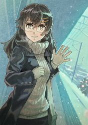 Rule 34 | 1girl, bad id, bad pixiv id, brown eyes, brown hair, city, coat, glasses, gloves, hair ornament, hairpin, long hair, looking at viewer, naro0427, smile, snow, snowing, solo, train station, turtleneck, waving