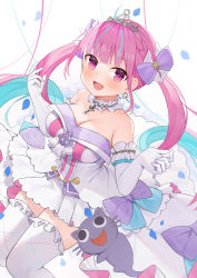 Rule 34 | 1girl, :d, absurdres, ahoge, animal, blue hair, blush, bow, braid, breasts, cat, cleavage, commentary request, dress, earrings, elbow gloves, fang, frilled thighhighs, frills, gloves, hair bow, hands up, heart, heart earrings, highres, hololive, jewelry, large breasts, long hair, looking at viewer, minato aqua, minato aqua (aqua iro super dream), multicolored hair, neko (minato aqua), open mouth, petals, pink hair, purple bow, purple eyes, sidelocks, smile, strapless, strapless dress, streaked hair, thighhighs, tiara, toki (1243309499), twintails, two-tone hair, very long hair, virtual youtuber, white background, white gloves, white thighhighs