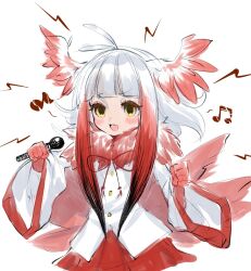 1girl bird_tail bird_wings black_hair blunt_bangs blush bow bowtie elbow_gloves fur_trim gloves gradient_hair head_wings japanese_crested_ibis_(kemono_friends) kemono_friends long_hair long_sleeves microphone multicolored_hair musical_note notora open_mouth pleated_skirt red_bow red_bowtie red_fur red_gloves red_hair red_skirt red_trim shirt sidelocks skirt solo tail white_shirt wings yellow_eyes