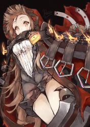 Rule 34 | 1girl, black background, blonde hair, brown dress, dress, forehead, highres, lock, long hair, long sleeves, looking at viewer, red hood, red riding hood (sinoalice), rozea (graphmelt), signature, simple background, sinoalice, solo, yellow eyes