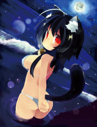 Rule 34 | 1girl, animal ears, bikini, black hair, blush, breasts, cat ears, cat tail, full moon, large breasts, long hair, looking at viewer, looking back, moon, ocean, original, paprika shikiso, partially submerged, red eyes, sideboob, solo, swimsuit, tail, wading, water, white bikini