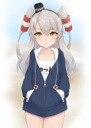 Rule 34 | 1girl, amatsukaze (kancolle), anchor, anchor symbol, blush, collarbone, eyelashes, hair tubes, hands in pockets, highres, hood, hood down, hooded jacket, innertube, jacket, kantai collection, long hair, long sleeves, mmt uf, name tag, one-piece swimsuit, parted lips, pocket, silver hair, simple background, solo, swim ring, swimsuit, swimsuit under clothes, two side up, yellow eyes, zipper