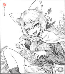 Rule 34 | 2girls, absurdres, bow, cloak, commentary request, flower, greyscale, hair between eyes, hair bow, highres, imaizumi kagerou, ke-su, long sleeves, looking at viewer, monochrome, multiple girls, ribbon-trimmed bow, sekibanki, shirt, shoes, short hair, skirt, solo focus, tongue, tongue out, touhou, translation request