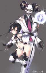 Rule 34 | 1boy, 1girl, amder, animal ears, bad id, bad pixiv id, black hair, boots, brown eyes, cross-laced footwear, elbow gloves, formal, gloves, grey thighhighs, highres, horns, lace-up boots, long hair, midriff, necktie, original, sheep horns, smile, suit, thighhighs, twintails, wand, white footwear