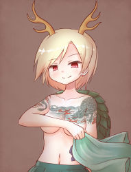 Rule 34 | 1girl, antlers, arinu, blonde hair, blue skirt, breasts, brown background, collarbone, covering breasts, covering privates, cowboy shot, dragon horns, dragon tattoo, earrings, highres, holding, holding clothes, holding shirt, horns, jewelry, kicchou yachie, looking at viewer, medium breasts, navel, red eyes, scales, shell, shirt, short hair, simple background, skirt, slit pupils, smile, solo, tattoo, topless, touhou, turtle shell, unworn shirt
